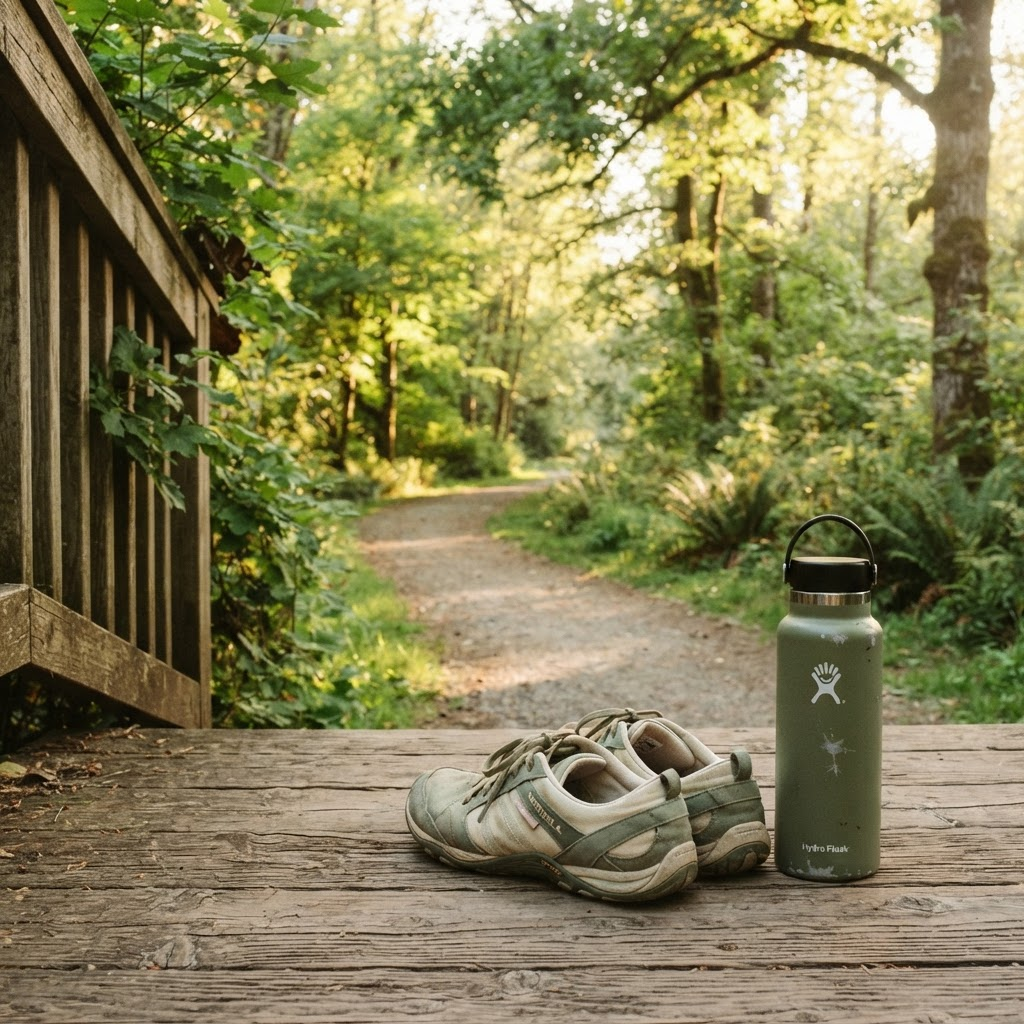Comfortable walking shoes and a water bottle on a porch beside a park path