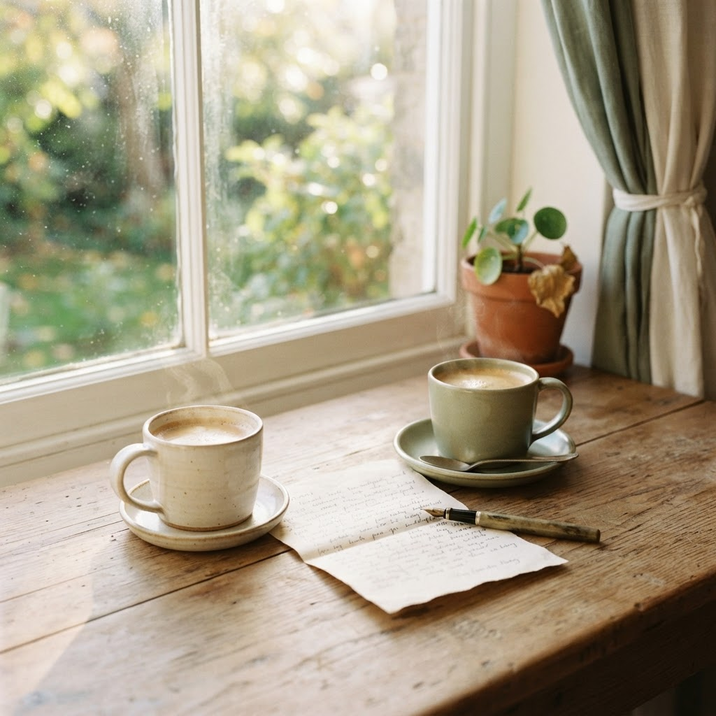 Two coffee cups and a handwritten letter on a table by a sunny window