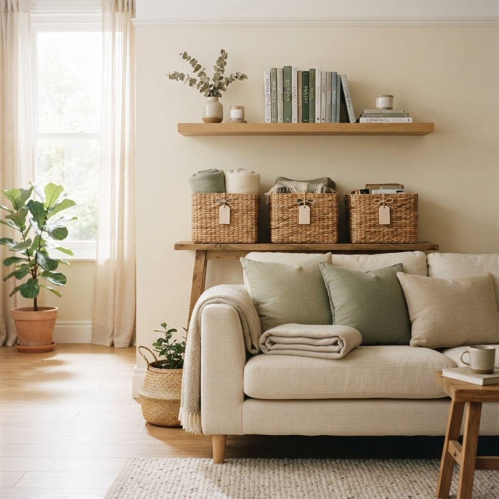 A tidy, organized living room with folded blankets and labeled storage baskets