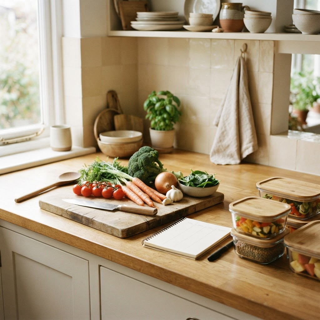Fresh vegetables, a cutting board, and a weekly meal plan on a clean countertop