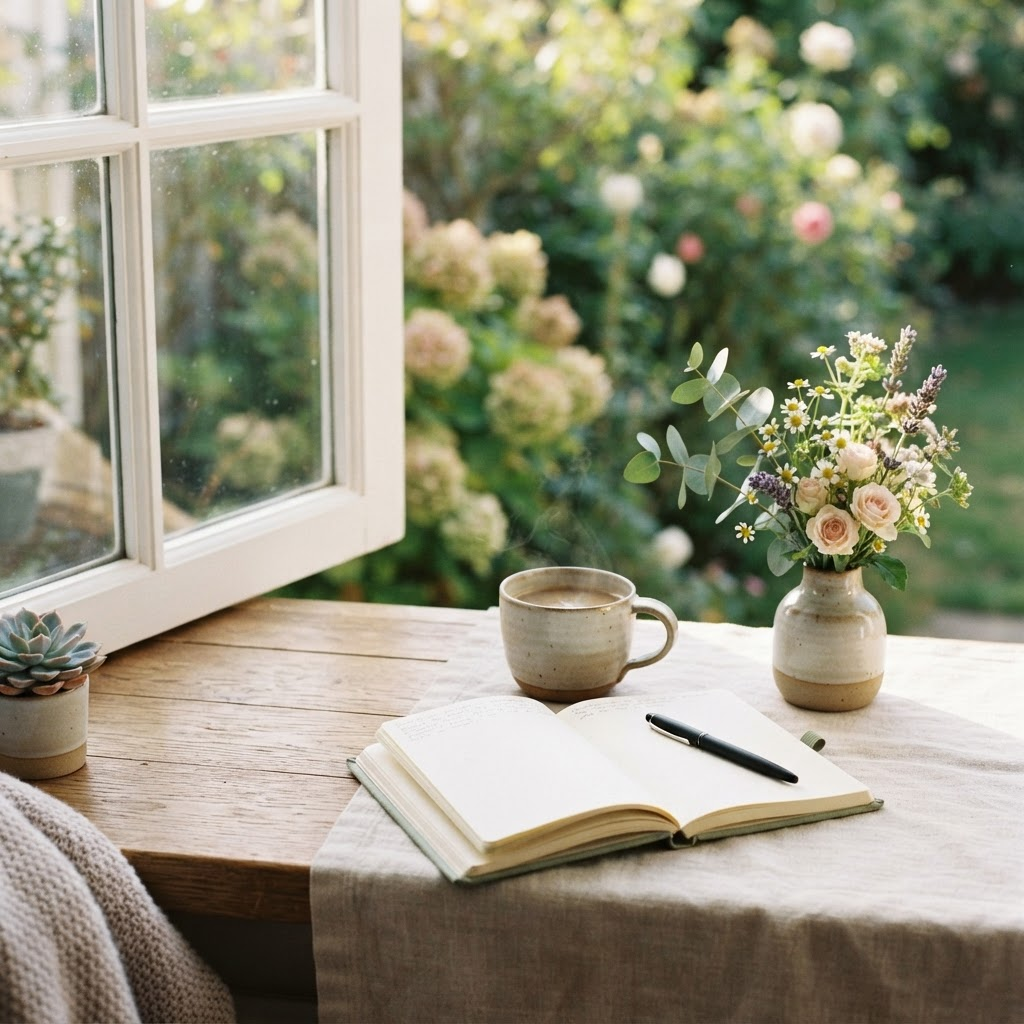A cup of coffee, a journal, and flowers by a sunlit window