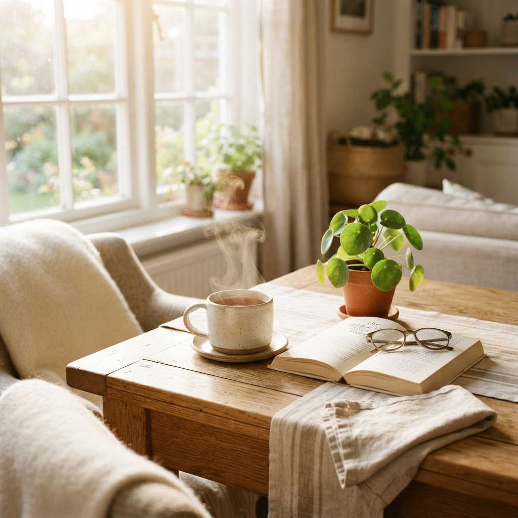A cup of tea, an open book, and a plant in warm morning light